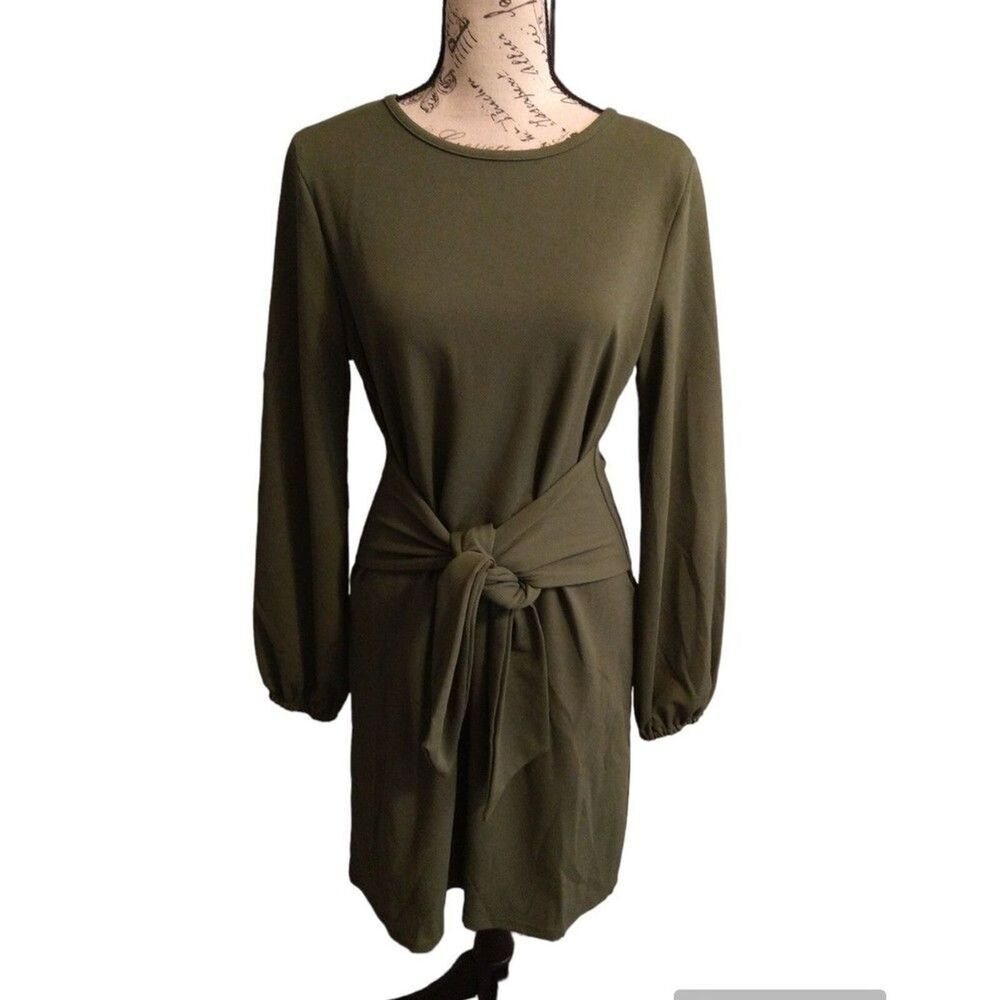 Pretty garden olive green tie front Long sleeve dress Sm Boho Feminine Classic